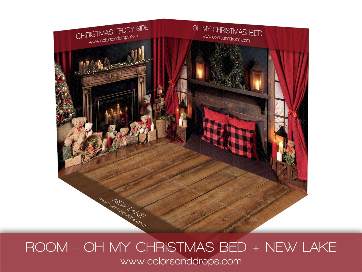 Fondo fotográfico de esquina Oh My Christmas Teddy Bed + New Red Lake – conjunto de dormitorio navideño rojo con | Colors&Drops