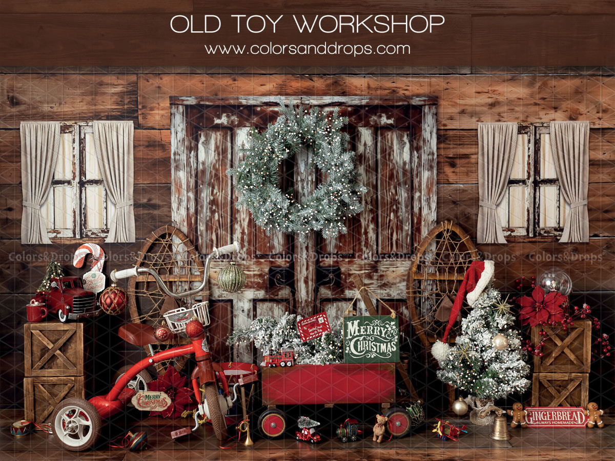 Fondo fotográfico de Navidad Old Toy Workshop – taller de juguetes navideño con puerta de granero y corona | Colors&Drops