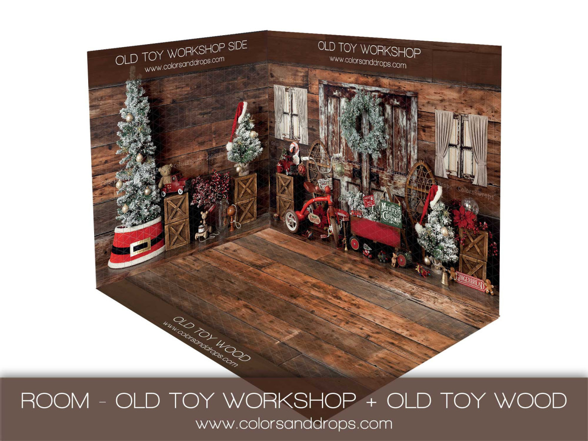 Fond photo d'angle de Noël Old Toy Workshop + Old Toy Wood – atelier de jouets de Noël avec sol en bois | Colors&Drops