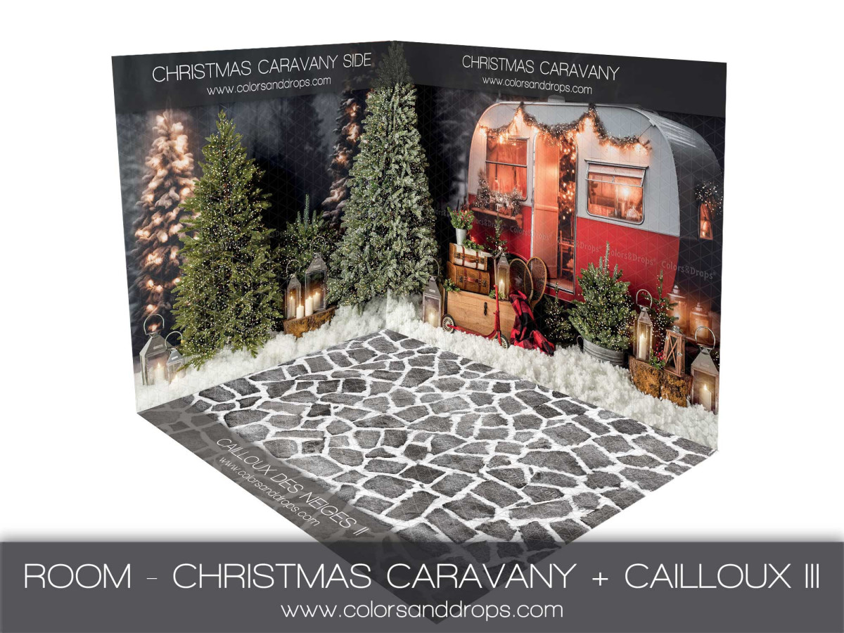Christmas corner photo backdrop Caravany + Cailloux des Neiges II – Christmas caravan room set with snowy stone | Colors&Drops