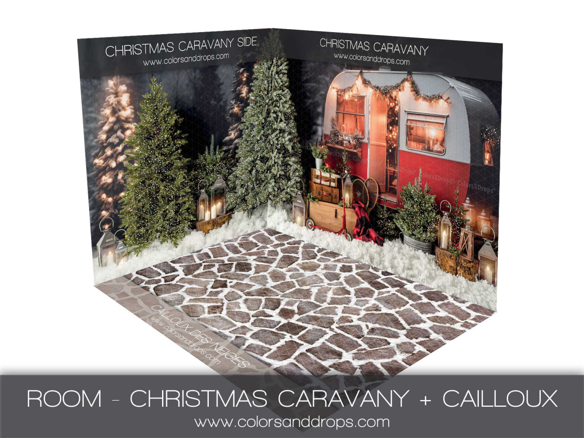 Christmas corner photo backdrop Caravany + Cailloux des Neiges – Christmas caravan room set with stone floor | Colors&Drops
