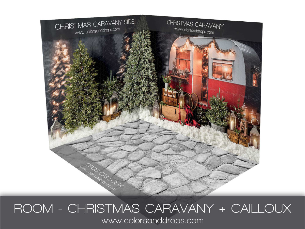 Fond photo d'angle Christmas Caravany + Gros Cailloux – caravane de Noël avec sol en pierres grises | Colors&Drops