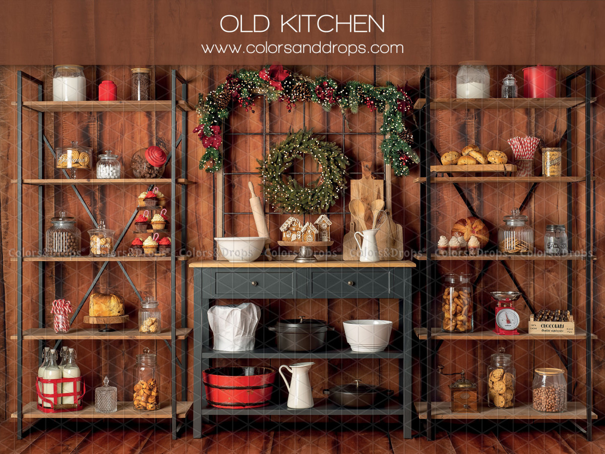 Fond photo de Noël Old Kitchen – cuisine ancienne de Noël avec étagères et couronne | Colors&Drops