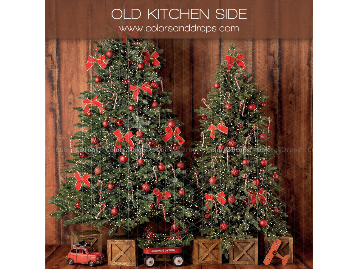 Fond photo d'angle de Noël Old Kitchen + New Red Lake – cuisine ancienne de Noël avec sol en bois | Colors&Drops
