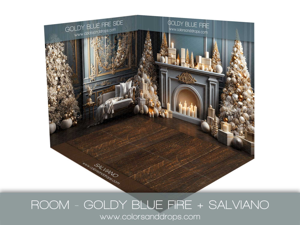 Fond photo d'angle de Noël Goldy Blue Fire + Salviano – salon de Noël bleu doré avec sol parquet | Colors&Drops
