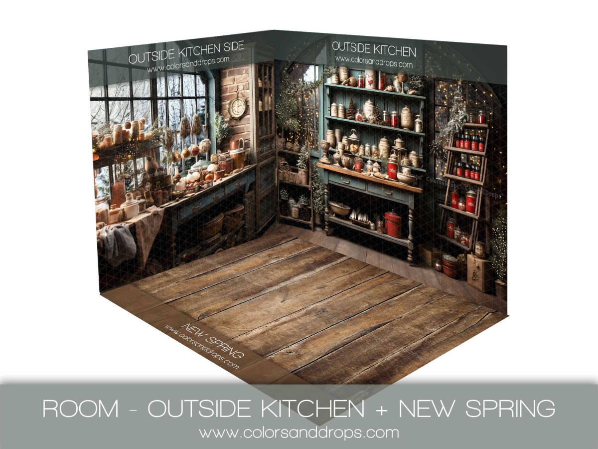 Fondo fotográfico de esquina de Navidad Outside Kitchen + New Spring – conjunto de cocina navideña con ventana y | Colors&Drops