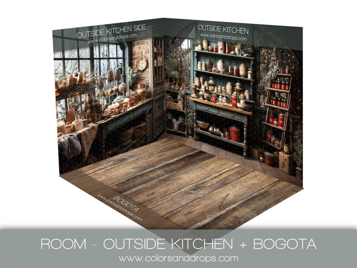 Fond photo d'angle de Noël Outside Kitchen + Bogota – cuisine de Noël avec fenêtre et sol bois foncé | Colors&Drops