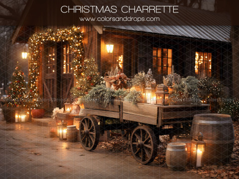 Fondo fotográfico Christmas Charrette – carreta navideña de madera frente a un chalet iluminado | Colors&Drops