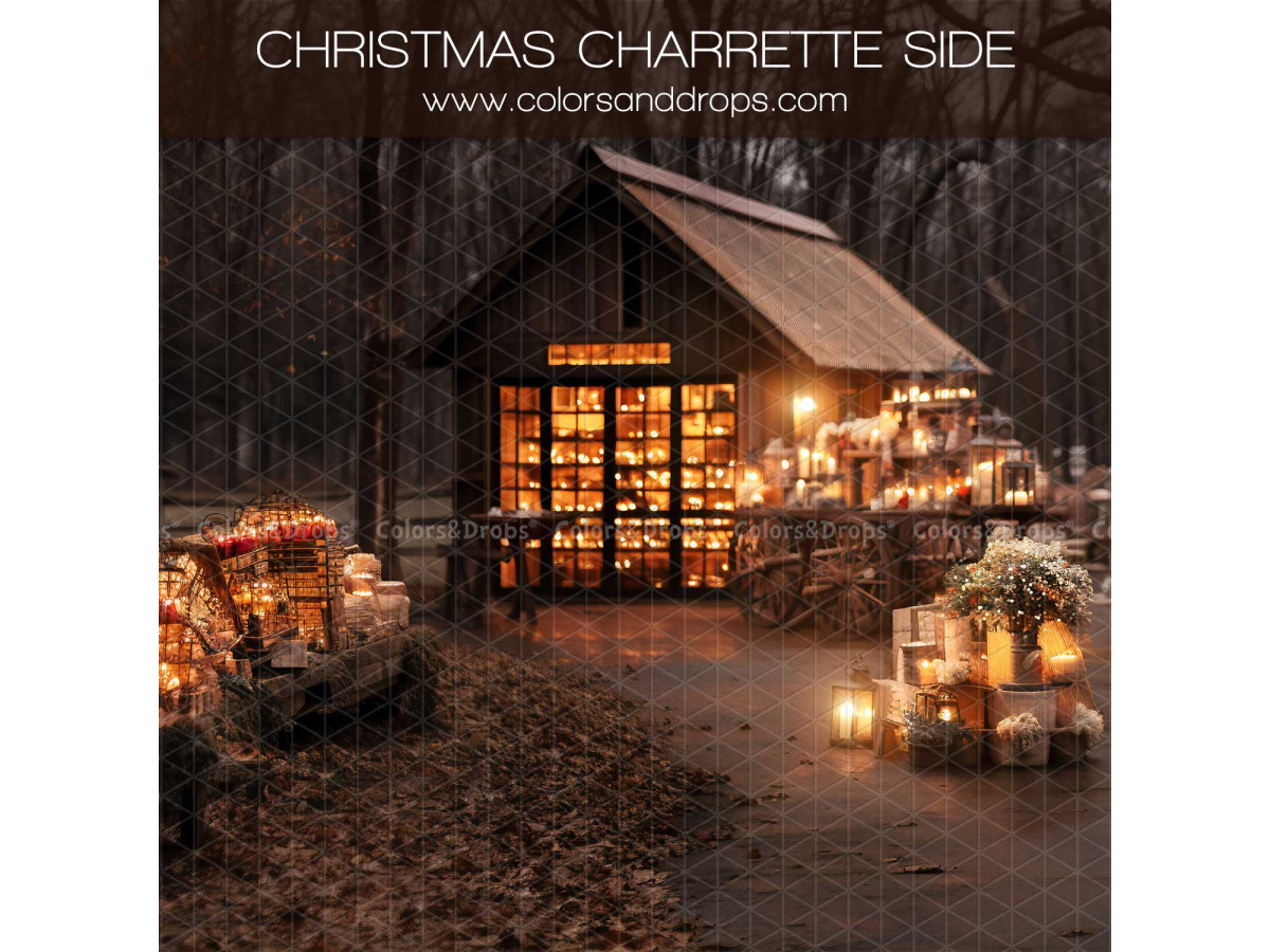 Fondo fotográfico lateral Christmas Charrette Side – chalet de madera iluminado de noche con regalos y velas | Colors&Drops