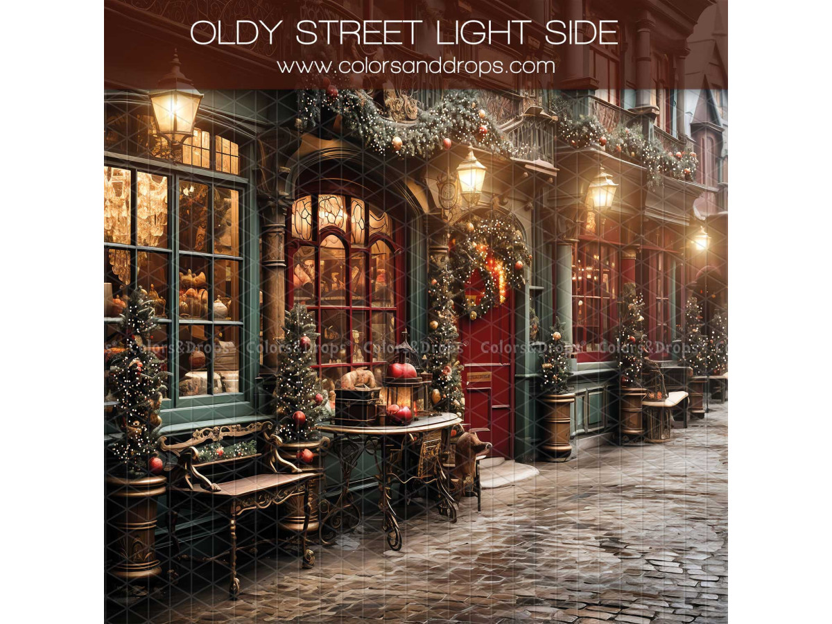 Fondo fotográfico lateral de Navidad Oldy Street Light Side – calle antigua navideña con tiendas y faroles | Colors&Drops