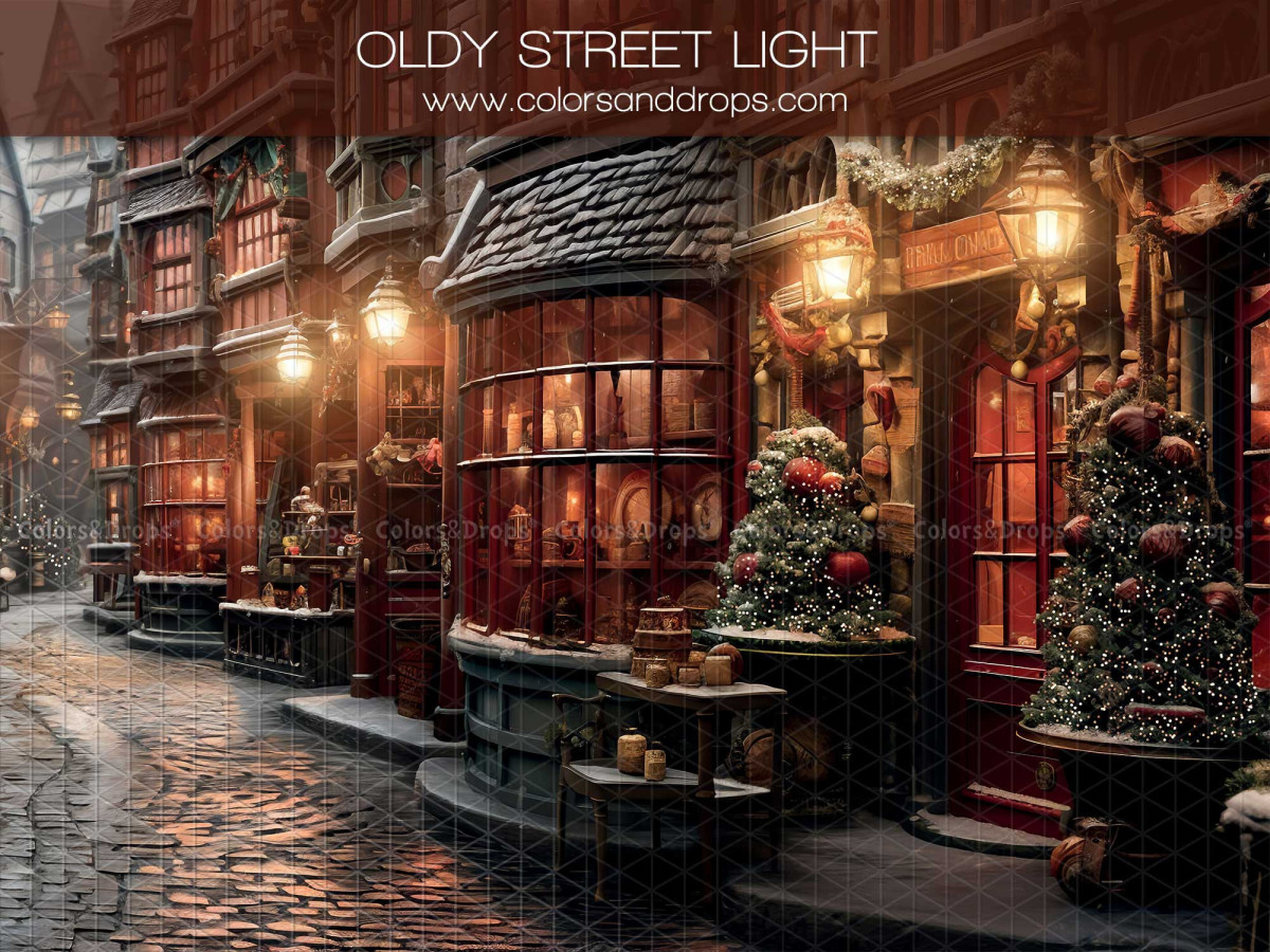 Fondo fotográfico de Navidad Oldy Street Light – calle adoquinada navideña con casas antiguas iluminadas | Colors&Drops