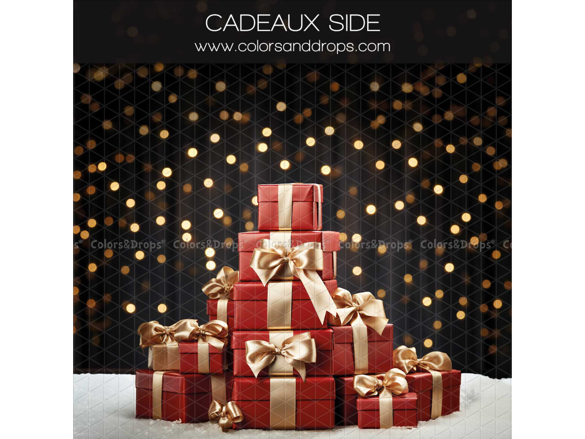 Christmas side photo backdrop Cadeaux Side – stack of red gifts in snow on golden bokeh | Colors&Drops