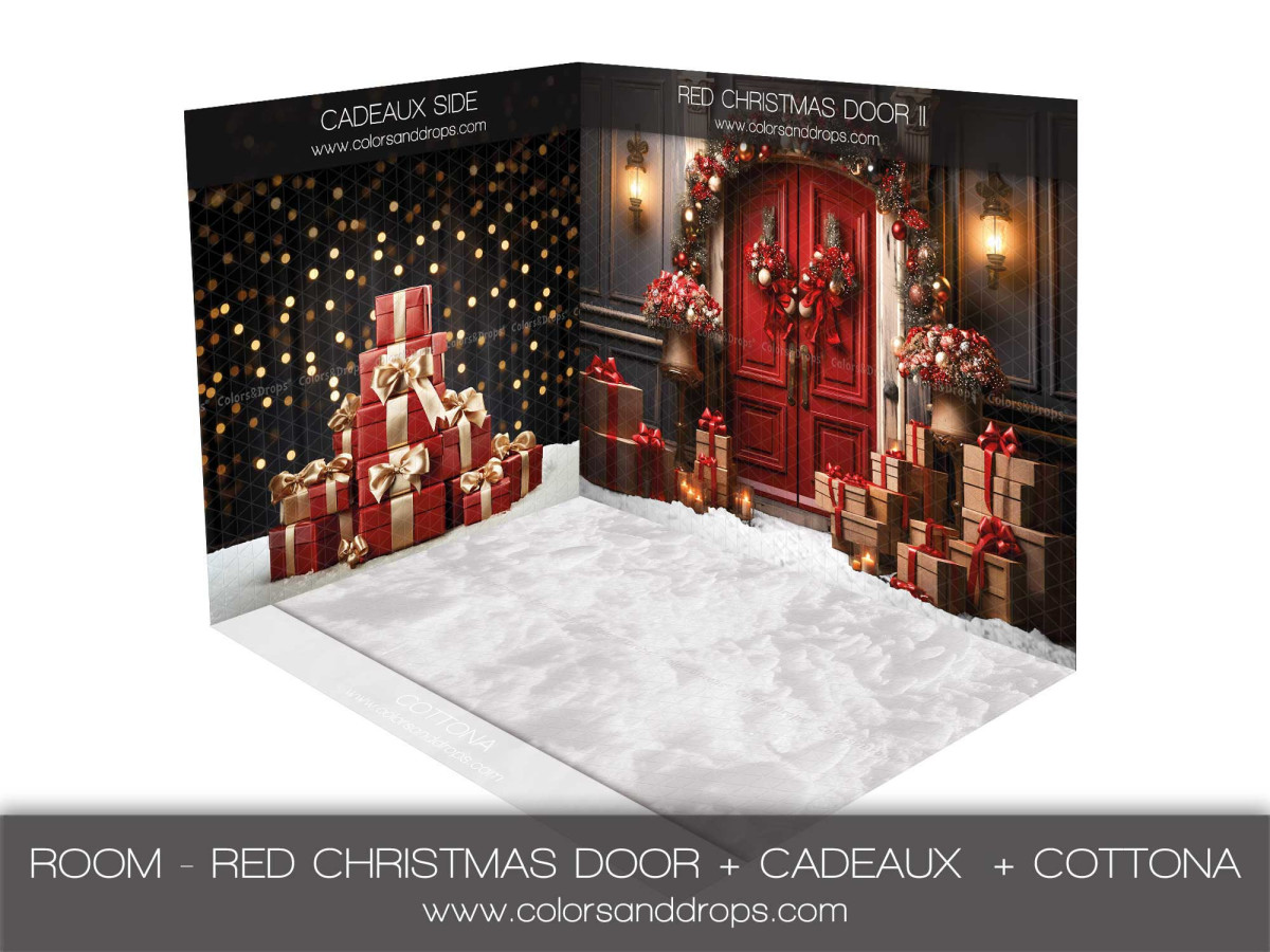 Fond photo d'angle Red Christmas Door II + Cottona – porte rouge de Noël et cadeaux avec sol enneigé | Colors&Drops