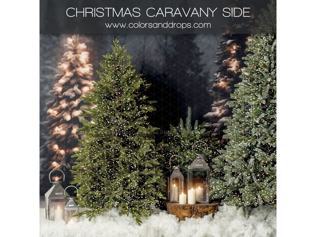Fond photo d'angle Christmas Caravany + Gros Cailloux – caravane de Noël avec sol en pierres grises | Colors&Drops