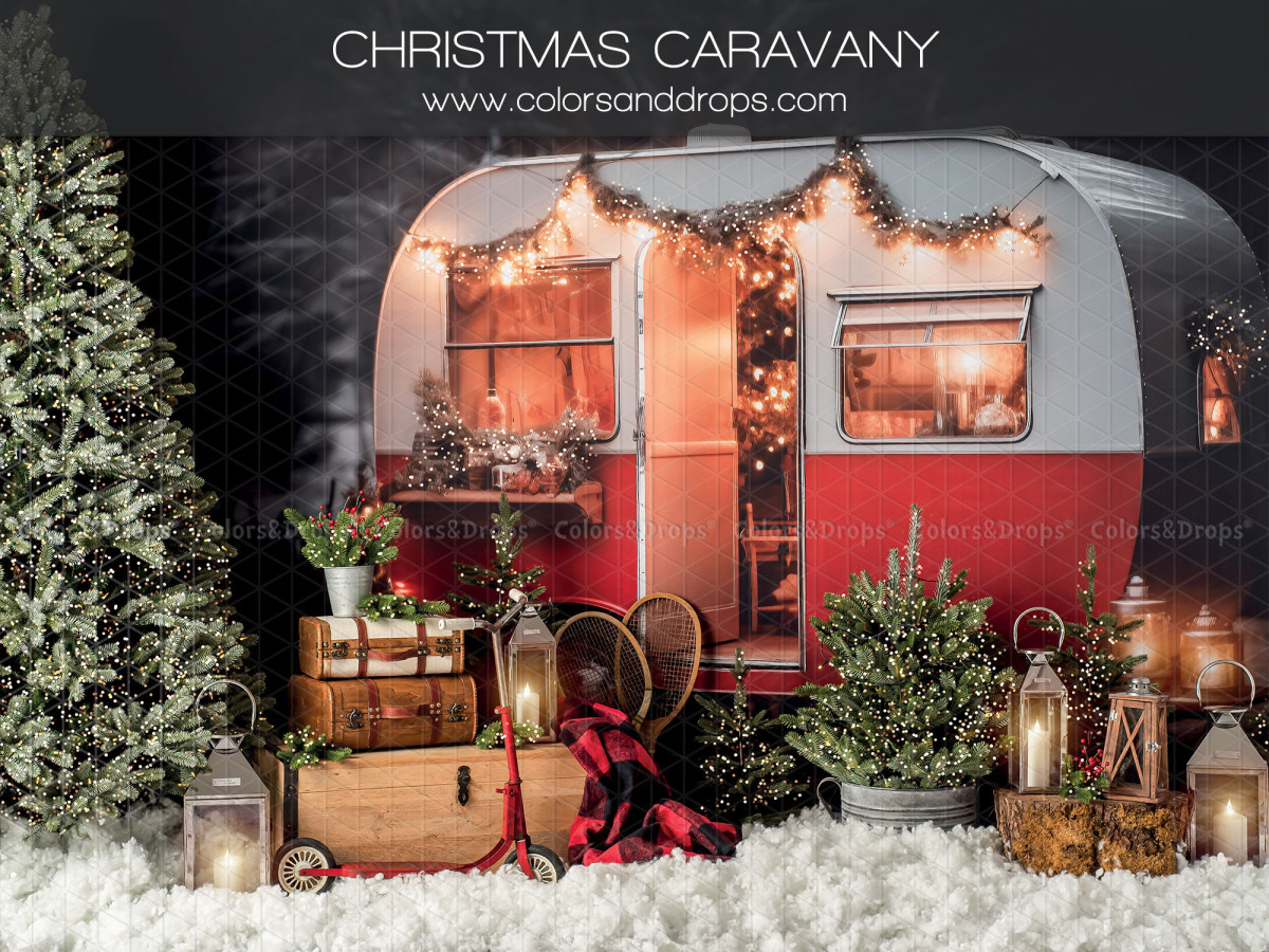 Fond photo d'angle Christmas Caravany + Gros Cailloux – caravane de Noël avec sol en pierres grises | Colors&Drops