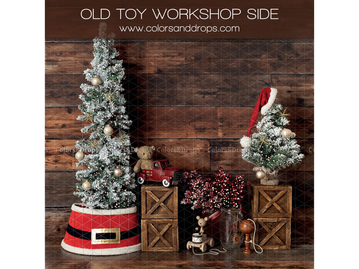 Fond photo d'angle de Noël Old Toy Workshop + Old Toy Wood – atelier de jouets de Noël avec sol en bois | Colors&Drops