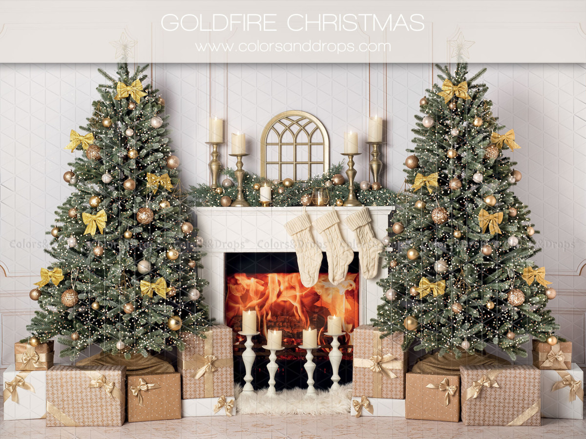 Fond photo d'angle Gold Fire Christmas + Old Carpet – cheminée blanche de Noël avec tapis crème | Colors&Drops