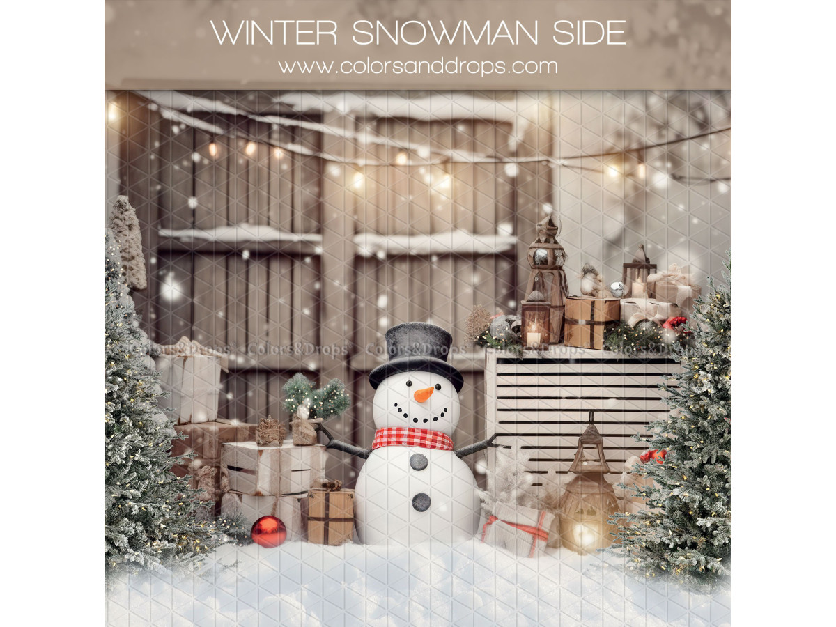 Fond photo d'angle de Noël Winter Snow Chalet + Neige – chalet et bonhomme de neige avec sol enneigé | Colors&Drops