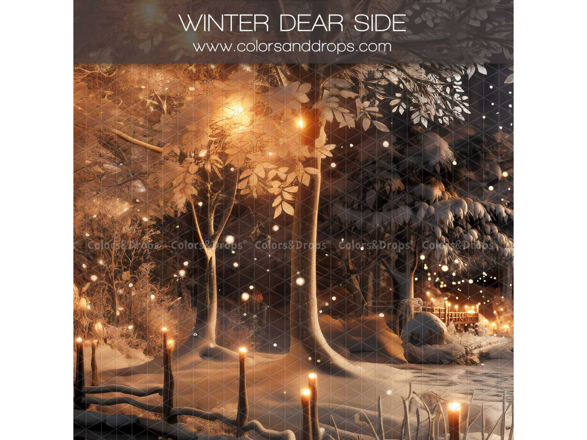 Fond photo d'angle de Noël Winter Dear + Winter Dear Floor – cerf en forêt d'hiver avec sol de neige tassée | Colors&Drops