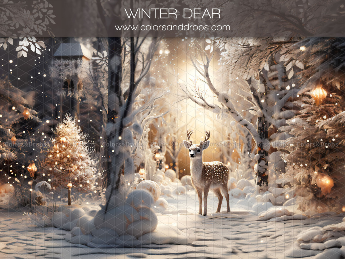 Fond photo d'angle de Noël Winter Dear + Neige – forêt d'hiver avec cerf et sol enneigé | Colors&Drops