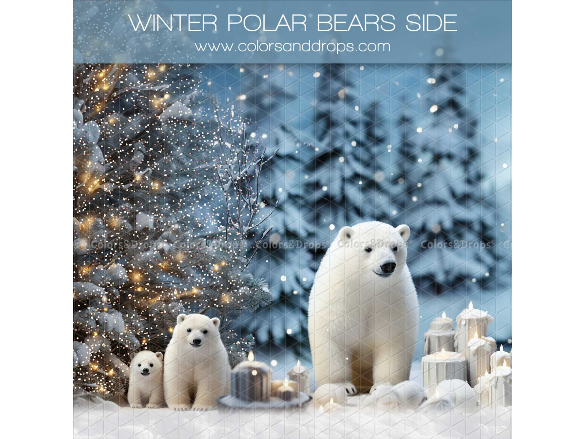 Christmas corner photo backdrop Winter Polar Bears + Negea – polar bears in snowy forest room set with ice floor | Colors&Drops