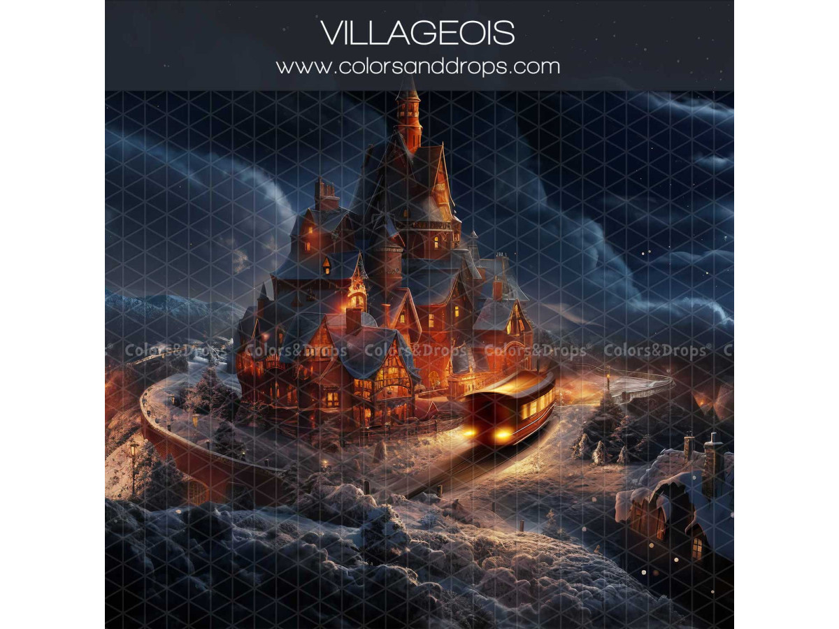 Fond photo d'angle de Noël Villageois + Poudreuse – village de nuit sous la lune avec sol de neige | Colors&Drops