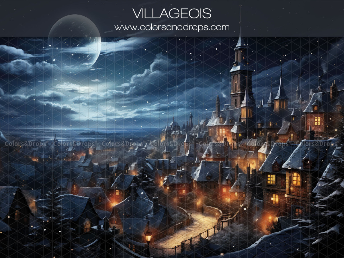 Fond photo d'angle de Noël Villageois + Poudreuse – village de nuit sous la lune avec sol de neige | Colors&Drops