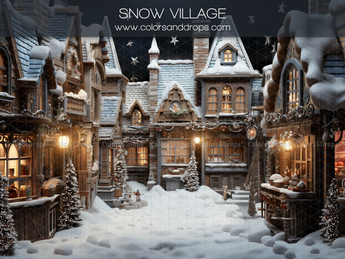 Fond photo d'angle de Noël Snow Village + Poudreuse – village enneigé avec sol de neige poudreuse | Colors&Drops