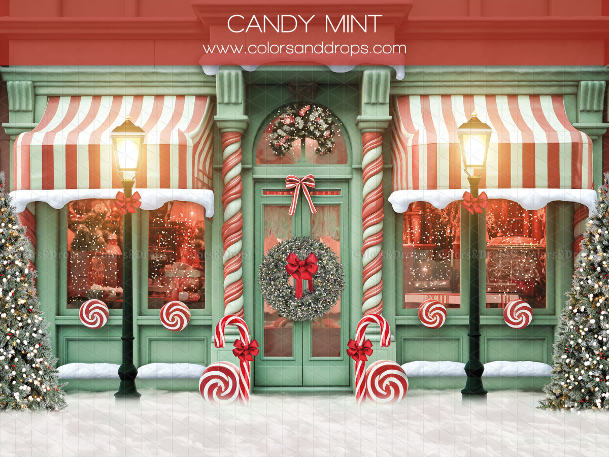 Fondo fotográfico de esquina de Navidad Candy Mint + Cottona – conjunto de tienda de golosinas navideña con | Colors&Drops