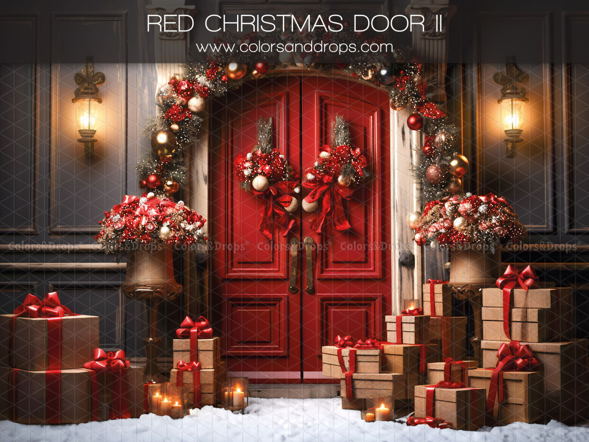 Fond photo d'angle Red Christmas Door II + Cottona – porte rouge de Noël et cadeaux avec sol enneigé | Colors&Drops