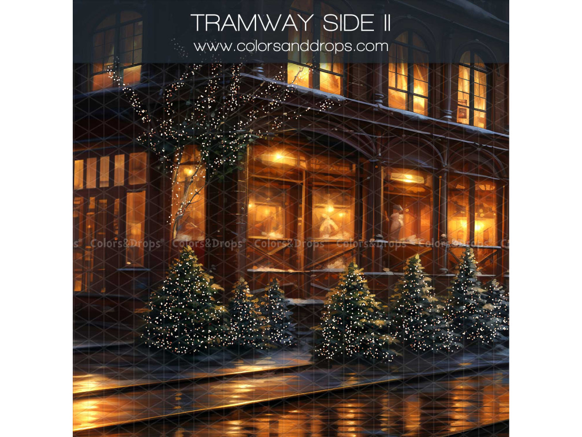 Christmas corner photo backdrop Tramway II – Christmas tram room set with powder snow floor | Colors&Drops
