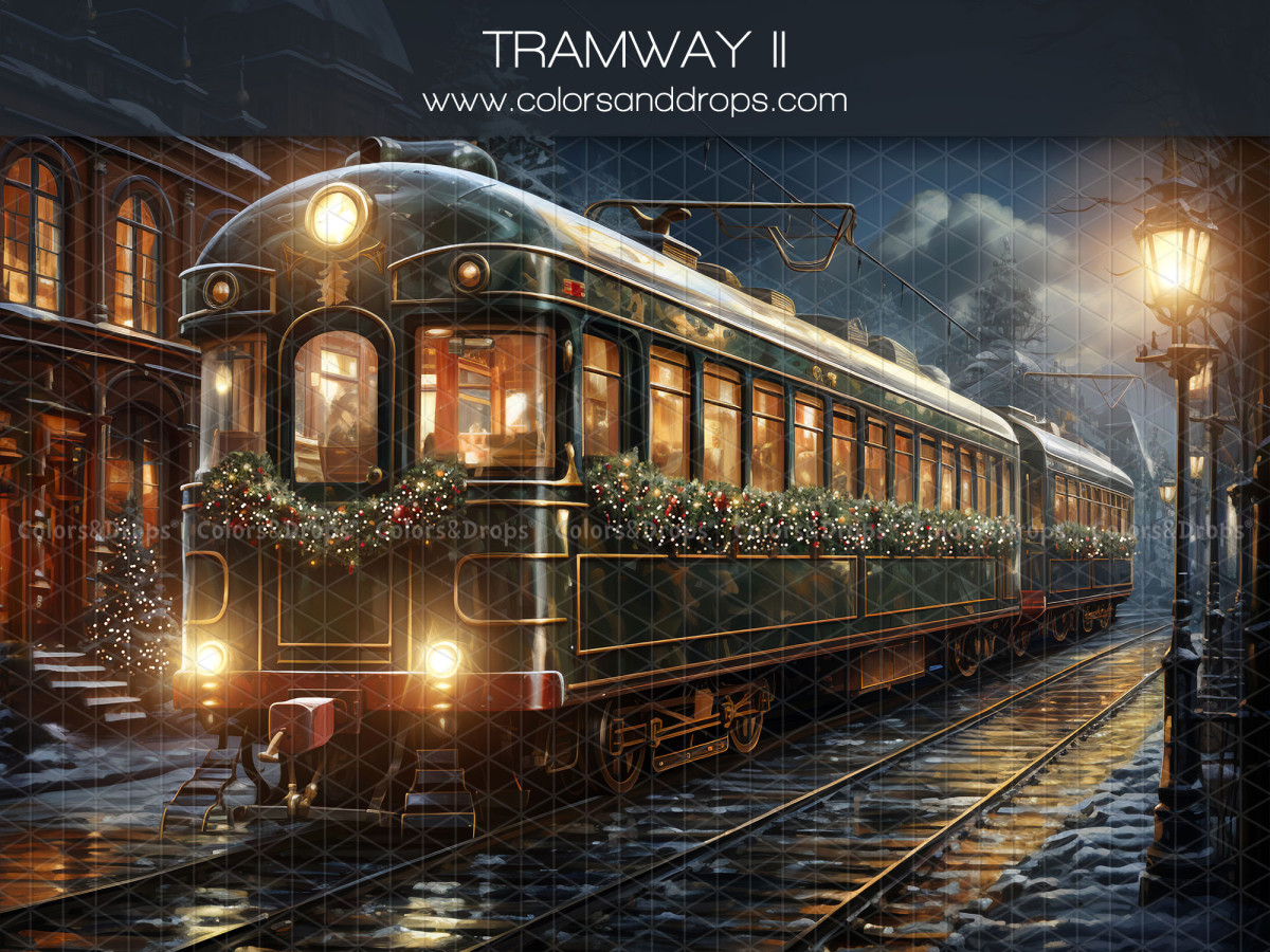 Christmas corner photo backdrop Tramway II – Christmas tram room set with powder snow floor | Colors&Drops