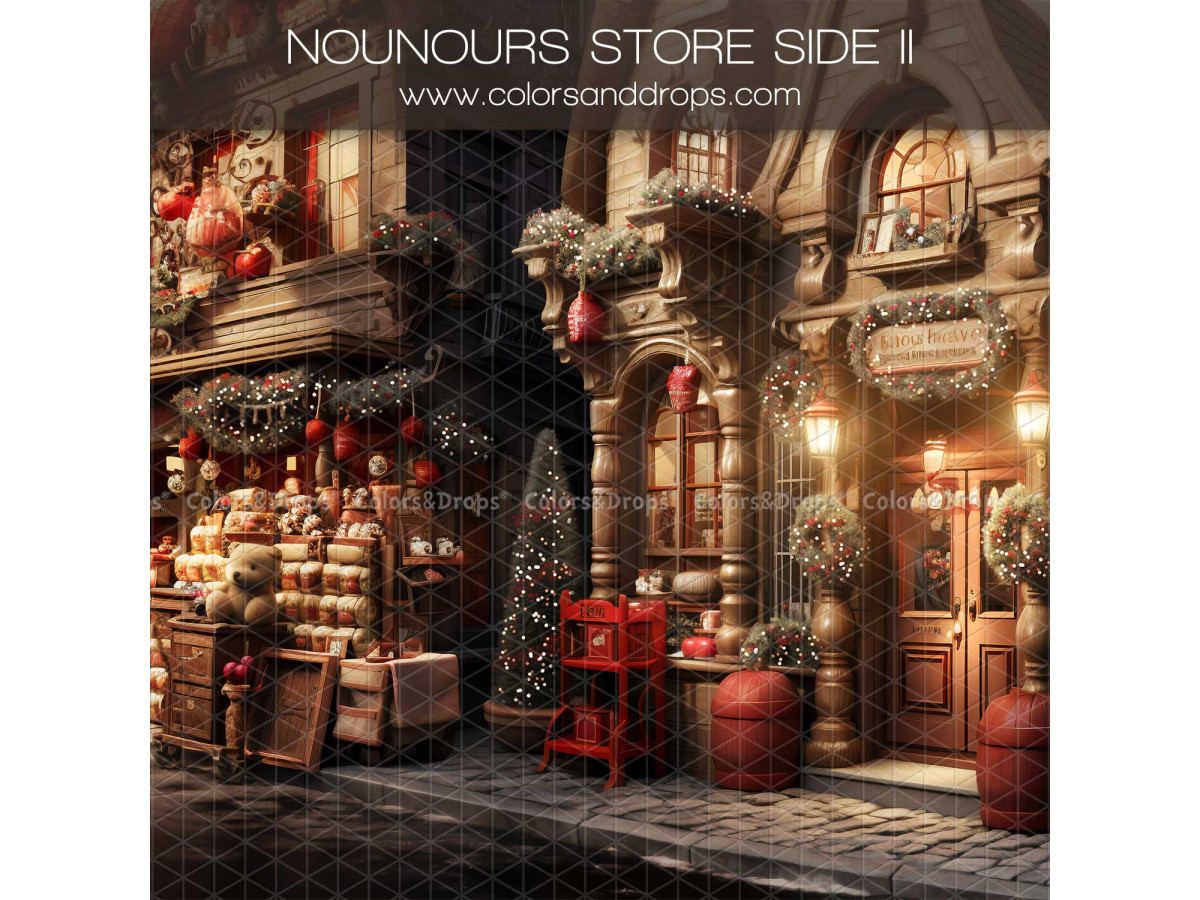 Fond photo d'angle de Noël Nounours Store II + Pavstone – boutique de nounours de Noël avec sol pavé gris | Colors&Drops