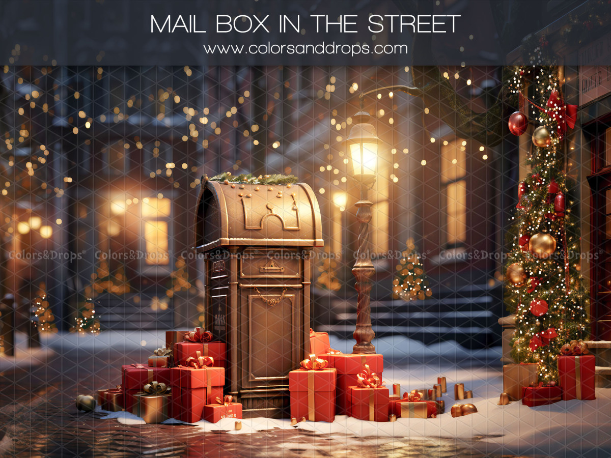 Fondo fotográfico de esquina de Navidad Mail Bow in the Street + Brown Town – conjunto de buzón navideño con | Colors&Drops