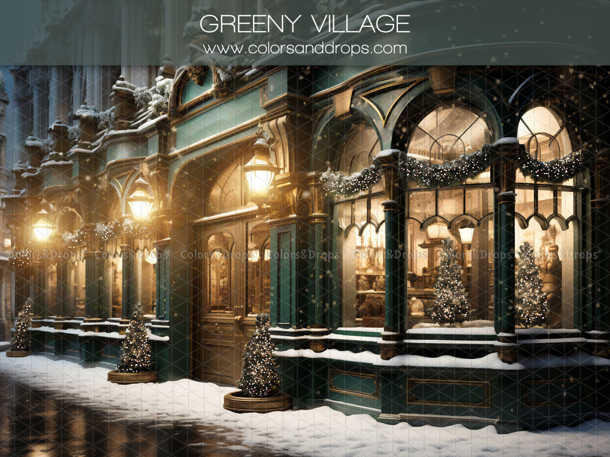 Christmas corner photo backdrop Greeny Village + Greeny Floor – green Christmas village room set with wet street | Colors&Drops