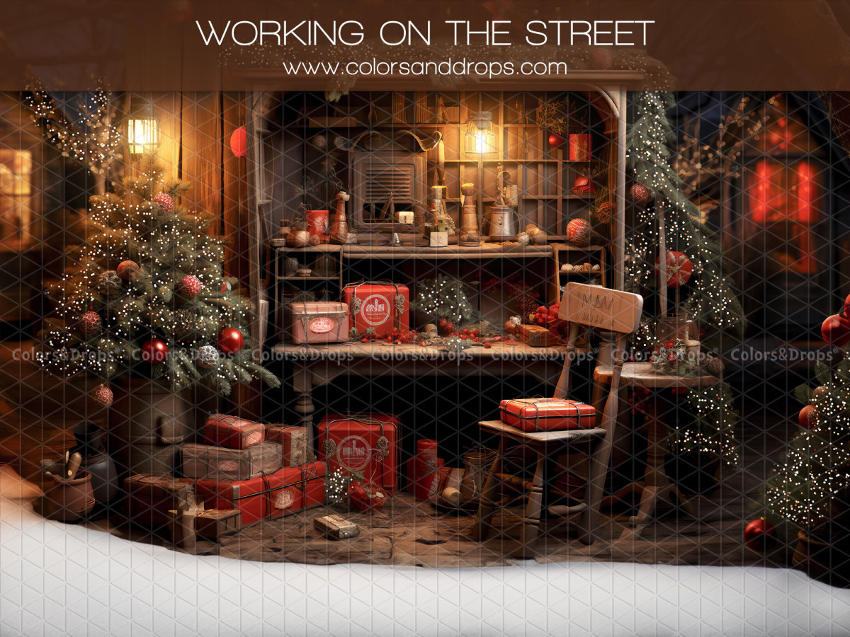 Christmas corner photo backdrop Working on the Street + Cailloux des Neiges – Santa's workshop room set with | Colors&Drops