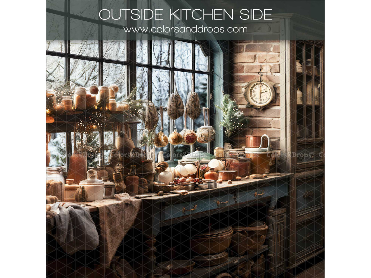 Fondo fotográfico de esquina de Navidad Outside Kitchen + New Spring – conjunto de cocina navideña con ventana y | Colors&Drops