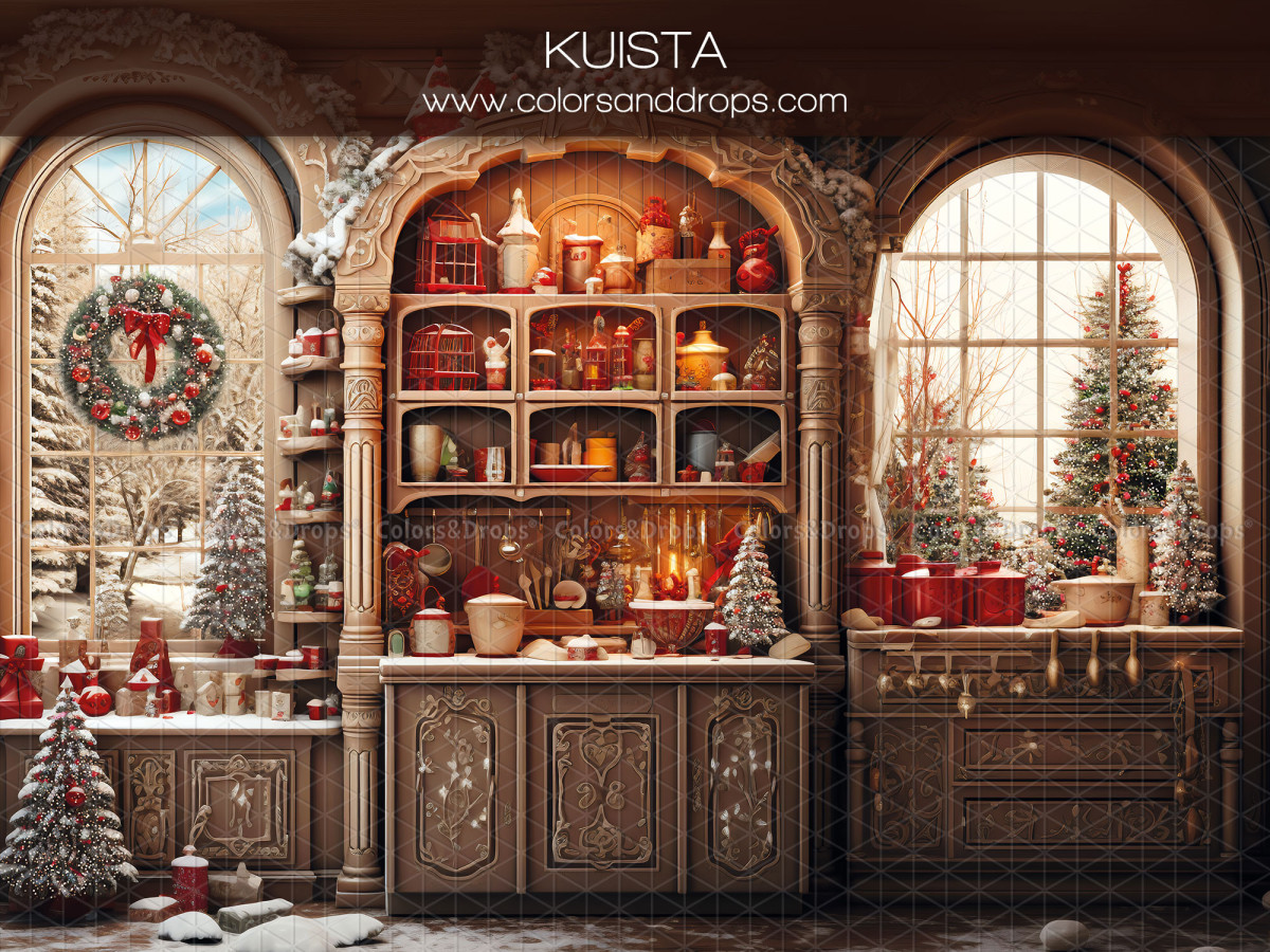 Fond photo d'angle de Noël Kuista – cuisine de Noël en bois avec sol parquet | Colors&Drops