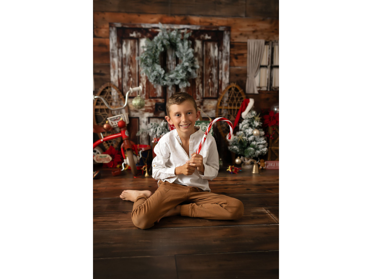 Fond photo d'angle de Noël Old Toy Workshop + Old Toy Wood – atelier de jouets de Noël avec sol en bois | Colors&Drops