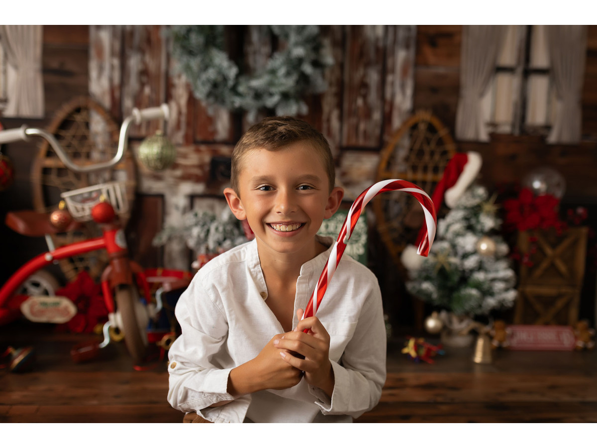 Fondo fotográfico de Navidad Old Toy Workshop – taller de juguetes navideño con puerta de granero y corona | Colors&Drops