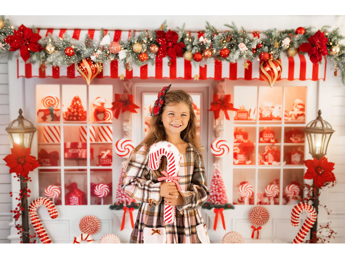 Christmas photo backdrop Candy Cane Shop – red and white candy cane shop | Colors&Drops