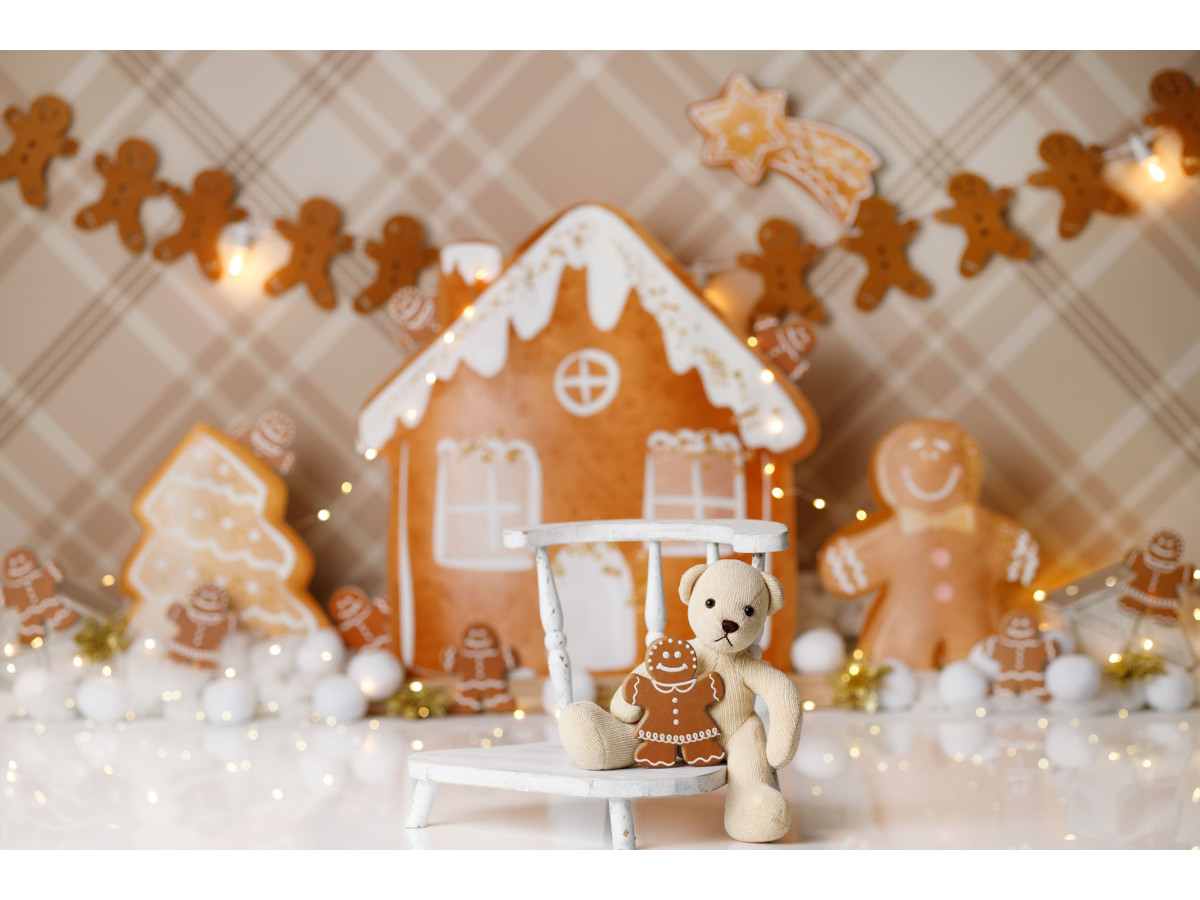 Fond photo bébé et smash cake Petits Pains – maison et bonshommes en pain d'épices sur tartan beige | Colors&Drops