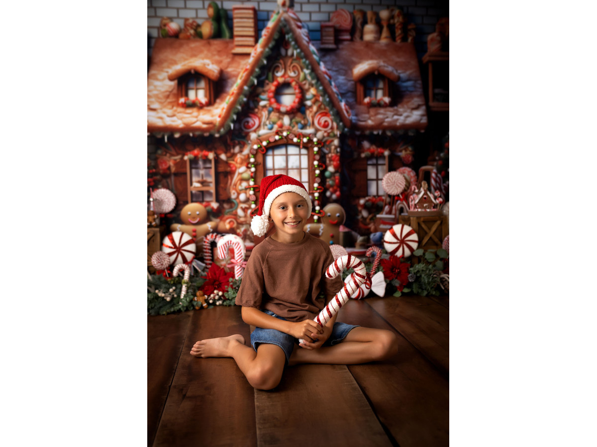 Fondo fotográfico de Navidad Bonhomme – casa de jengibre con bastones de caramelo y hombrecito de jengibre | Colors&Drops