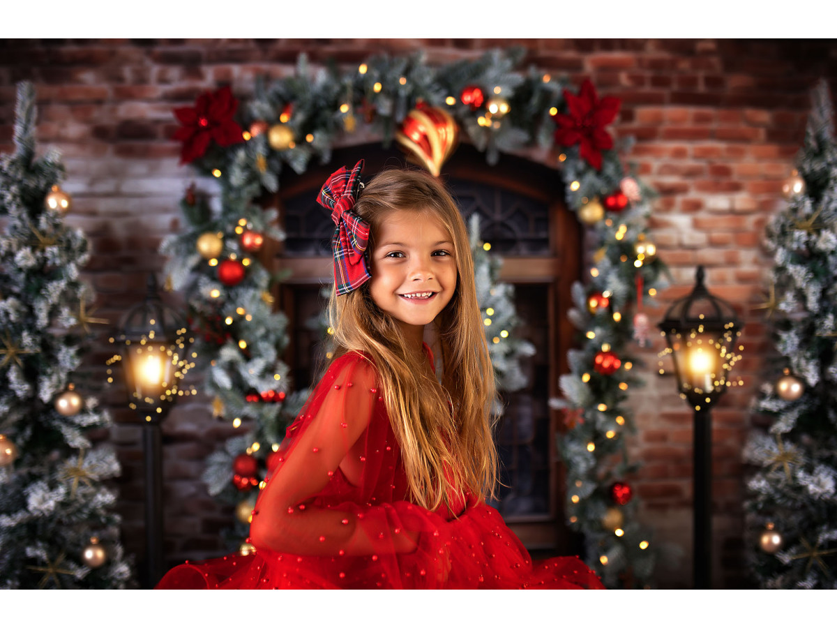 Christmas photo backdrop Put the Light on – wooden door with wreath and lit fir trees on brick | Colors&Drops