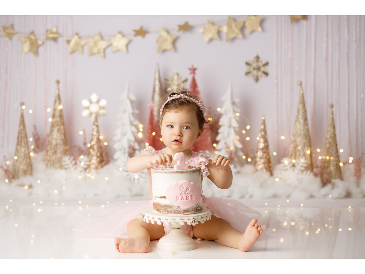 Fondo fotográfico de bebé y smash cake Rosae Pin Tree – abetos miniatura rosas con guirnalda de estrellas doradas | Colors&Drops
