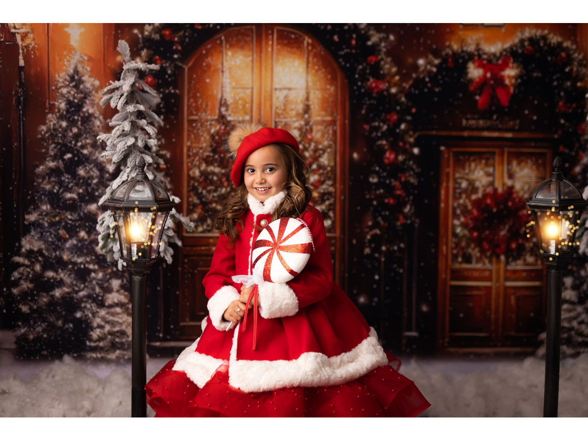 Fondo fotográfico de Navidad Art Door – puertas de madera arqueadas con coronas rojas y abetos | Colors&Drops
