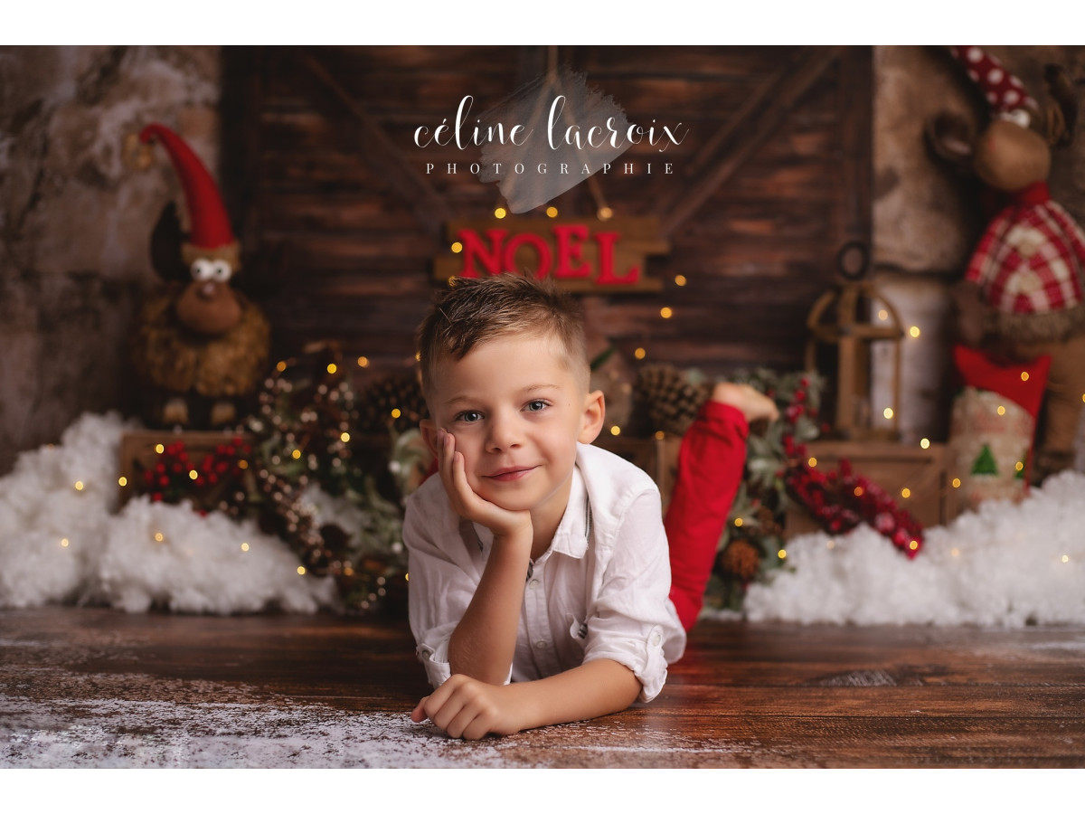 Fond photo de Noël Elk – porte de grange avec élans en peluche et panneau Noël | Colors&Drops