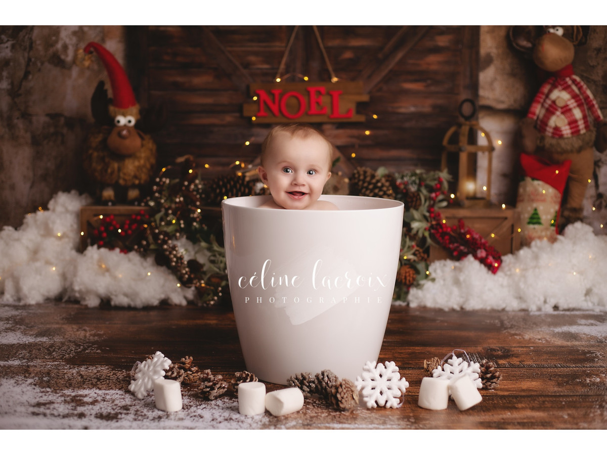 Fond photo de Noël Elk – porte de grange avec élans en peluche et panneau Noël | Colors&Drops