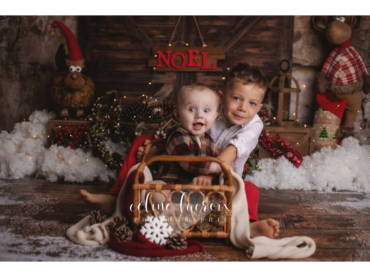 Fond photo de Noël Elk – porte de grange avec élans en peluche et panneau Noël | Colors&Drops