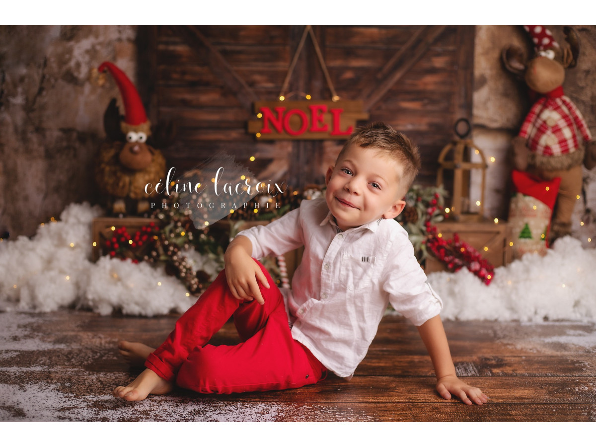 Fond photo de Noël Elk – porte de grange avec élans en peluche et panneau Noël | Colors&Drops